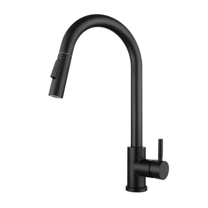Black matte kitchen faucet with curved spout and pull-down spray head in decorbites brushed gold pull finish