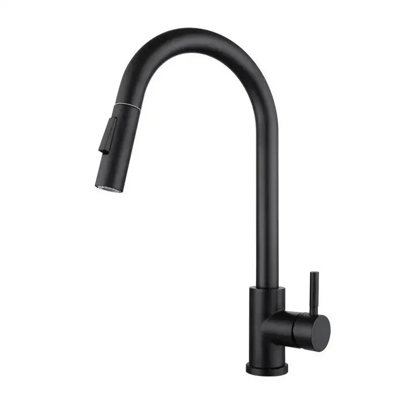 Black matte kitchen faucet with curved spout and pull-down spray head in decorbites brushed gold pull finish