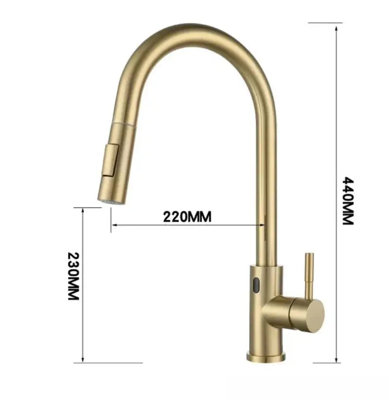 Luxury brushed gold pull out kitchen faucet with a sleek curved spout and decorbites brushed gold textured finish