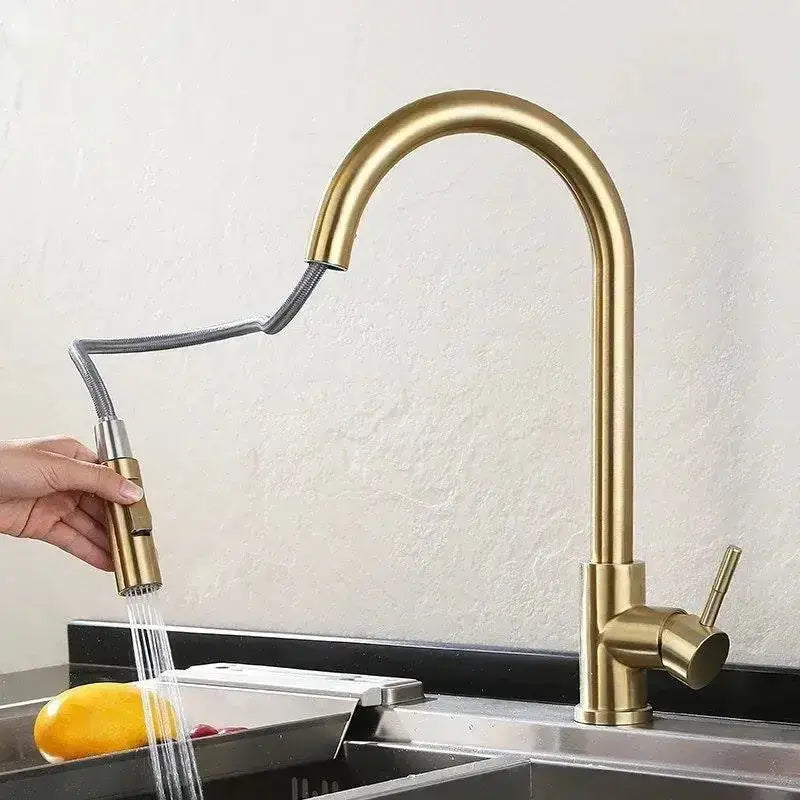 Luxury brushed gold pull out kitchen faucet with brass finish, sleek curved spout, and flexible hose by decorbites brushed gold