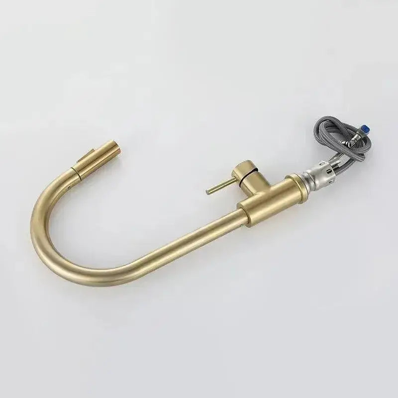 Luxury brushed gold pull out kitchen faucet with brass-finished curved spout and single lever handle by decorbites brushed gold