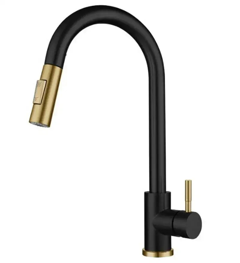 Luxury brushed gold pull kitchen faucet with sleek curved spout and pull-down spray head by decorbites brushed gold