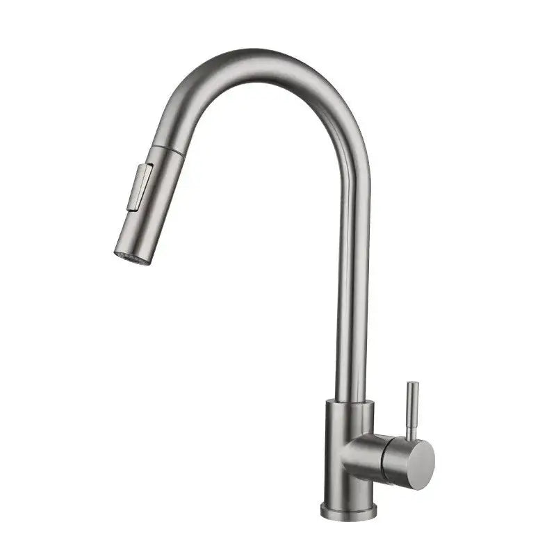 Modern stainless steel kitchen faucet with sleek curved spout and pull-down spray head in decorbites brushed gold pull design