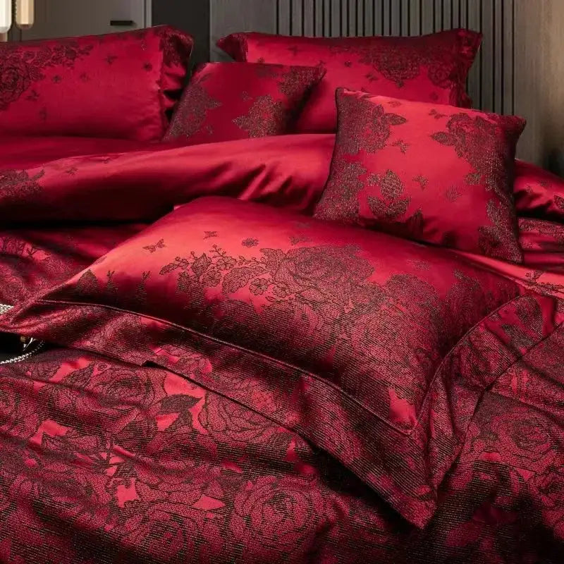 Luxury burgundy red egyptian cotton bedding set featuring rich crimson satin with intricate dark floral jacquard pattern