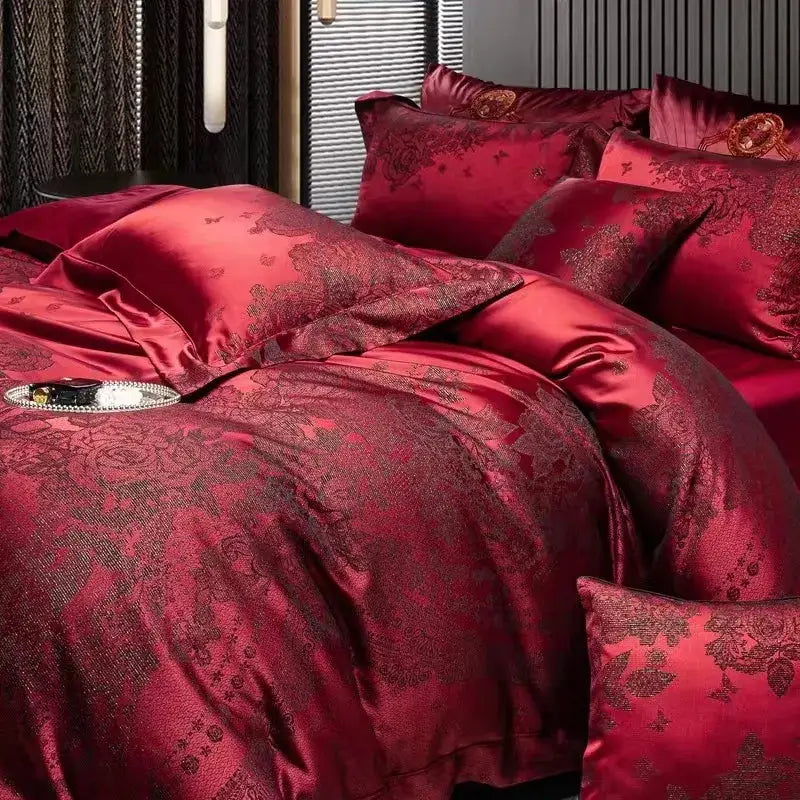 Luxurious burgundy red egyptian cotton bedding set with intricate dark floral embroidery for elegant bedroom decor