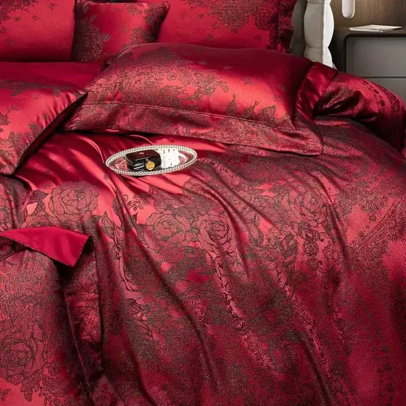 Luxury burgundy red egyptian cotton bedding set with rich crimson satin and intricate dark floral damask pattern