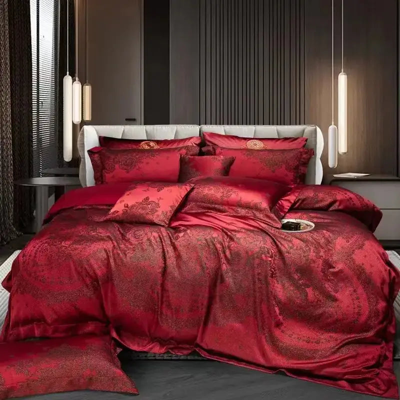 Luxurious burgundy red egyptian cotton bedding set with intricate gold-toned floral embroidery for bedroom use