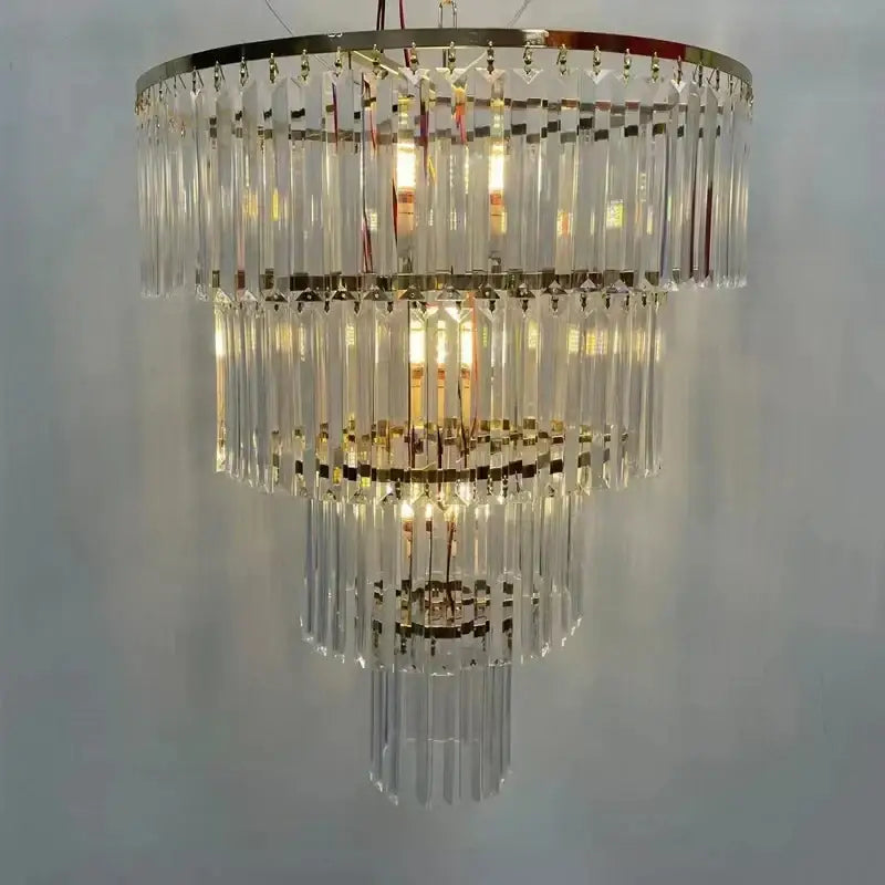 Luxury cascading crystal ice bar chandelier with clear crystal prisms and polished chrome frame for dining room decorbites crystal ice