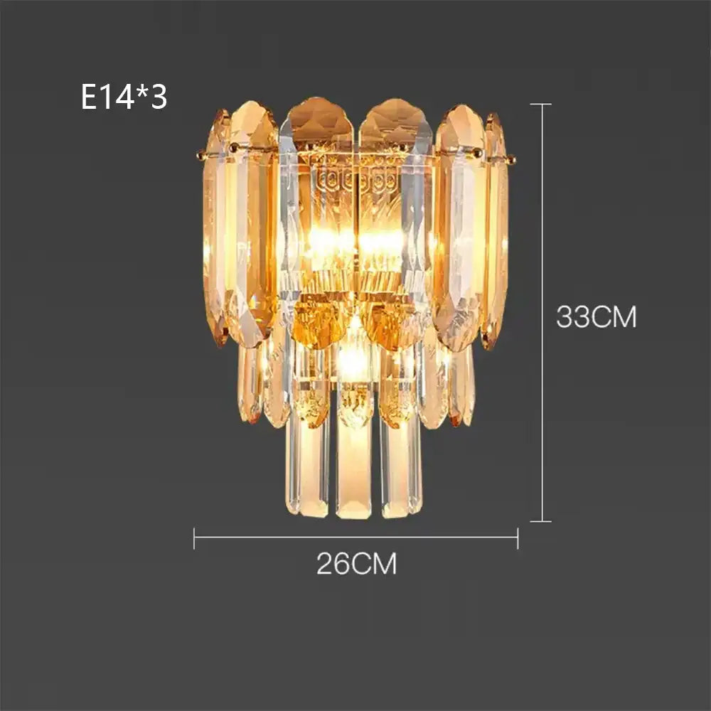 Elegant gold-toned decorbites crystal led wall lamp with tiered faceted glass and three e14 bulbs for living room lighting