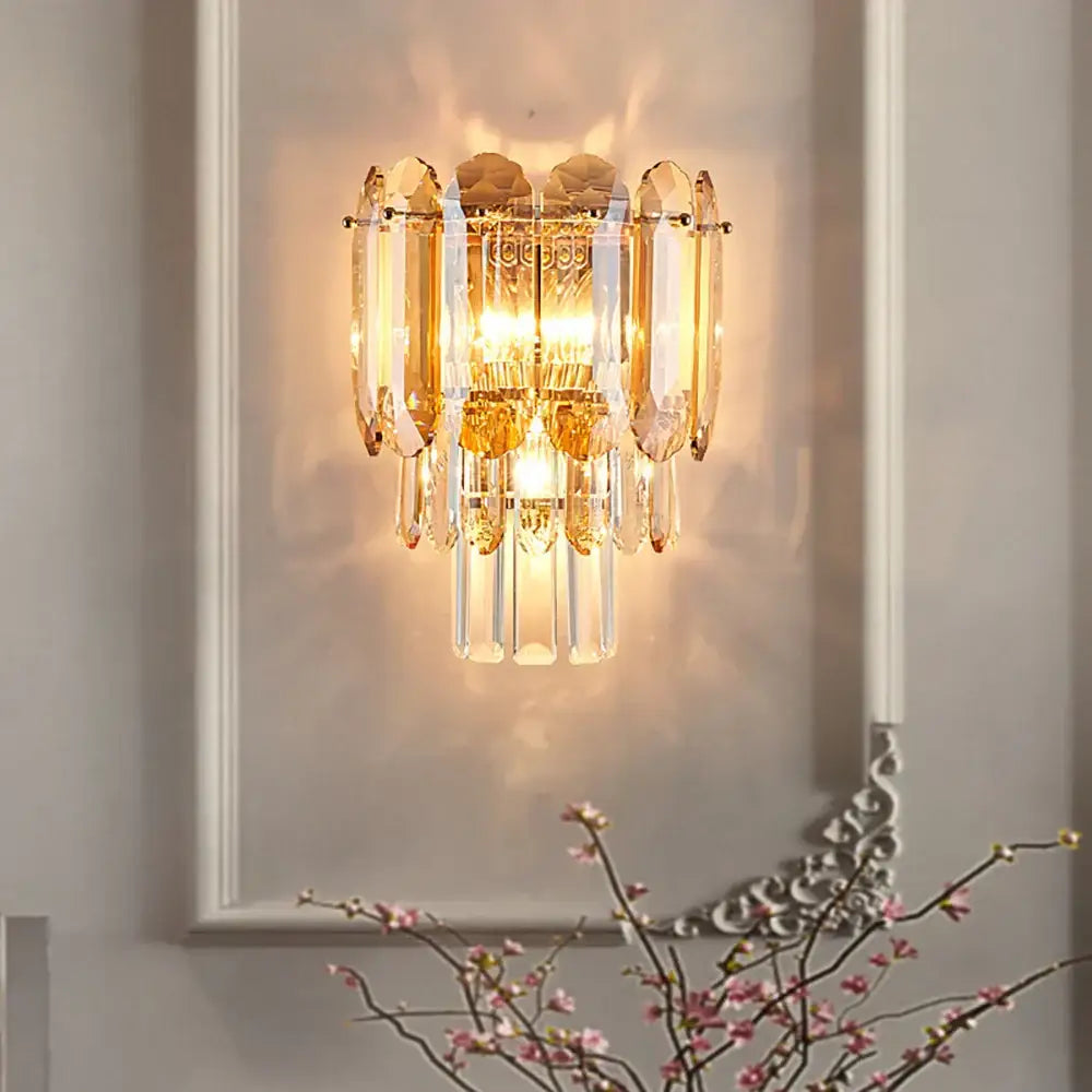 Luxury cascading gold crystal led wall lamp with warm amber and clear faceted glass for living room decorbites crystal led lighting