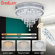 Greelustr luxury chrome crystal led ceiling chandelier with circular frame and cascading clear glass prisms decorbites crystal led