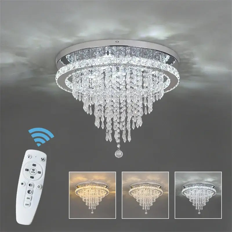 Luxury chrome crystal led ceiling chandelier with cascading droplets and remote control for elegant dining room decorbites crystal led