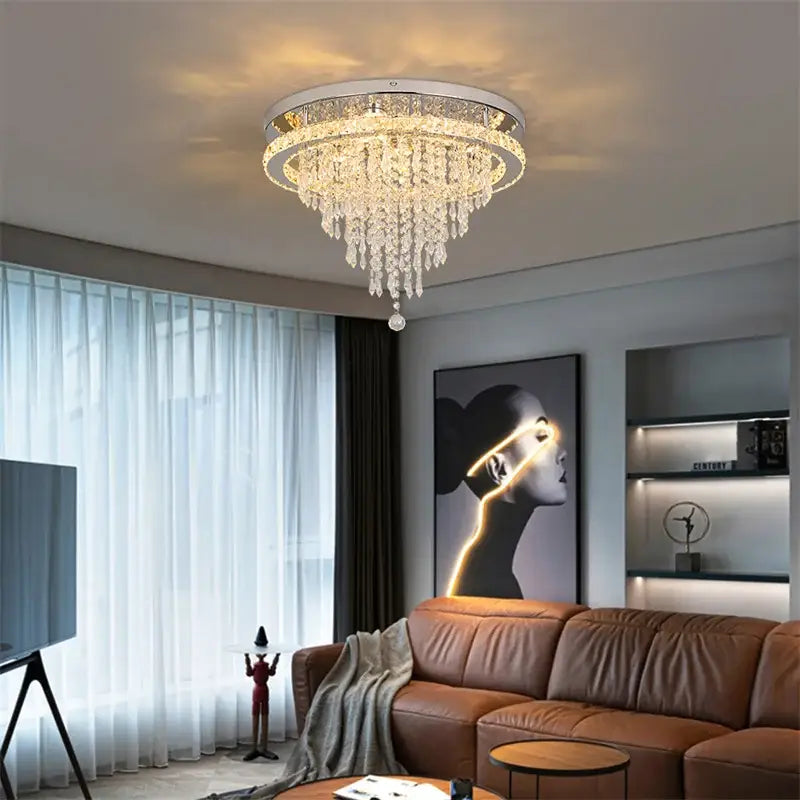Luxury chrome crystal led ceiling chandelier with circular frame and cascading clear crystals for dining room decorbites crystal led