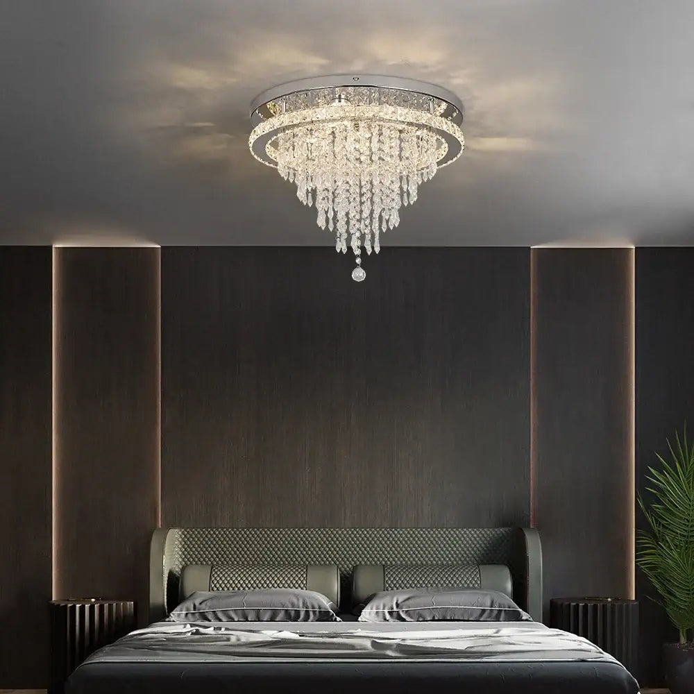 Luxury chrome crystal led ceiling chandelier with circular frame and cascading clear crystals for dining room decorbites crystal led