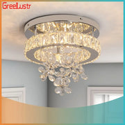Luxury chrome crystal led ceiling chandelier with two rings of faceted crystals and flower pendants by decorbites