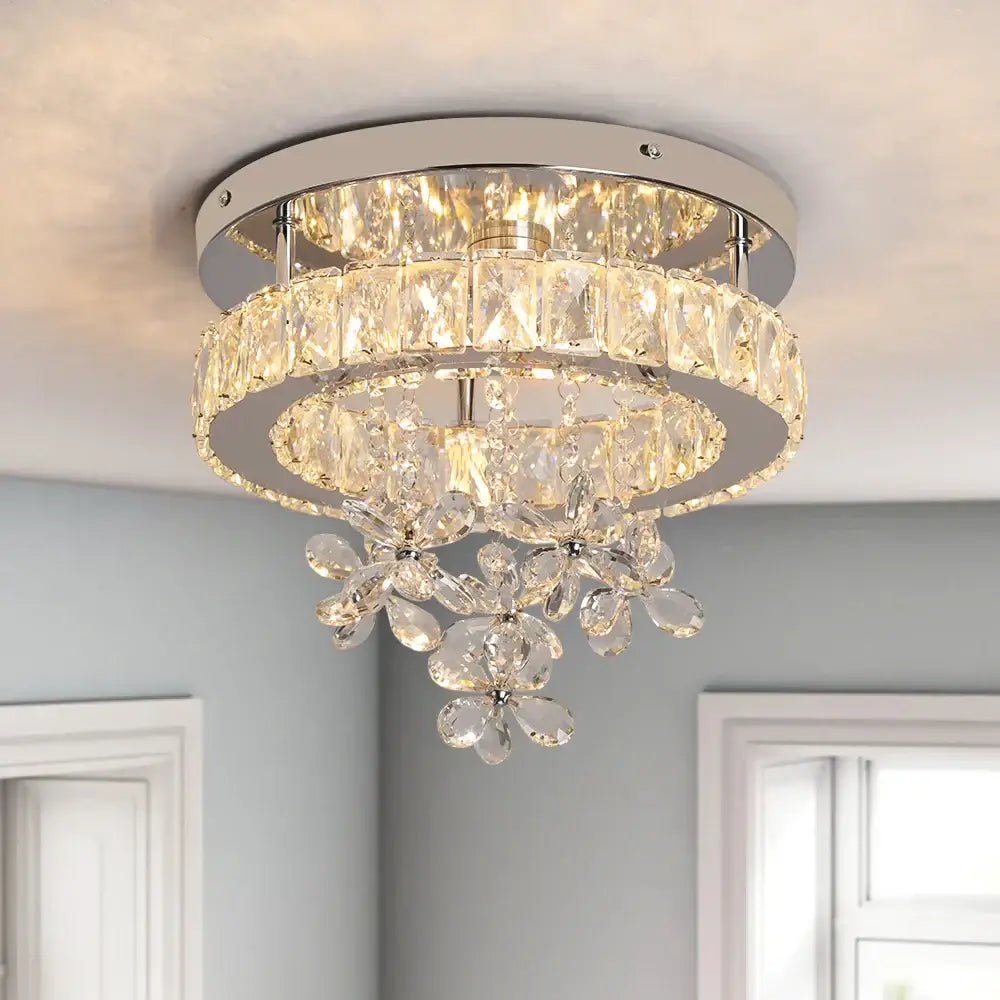 Luxury chrome crystal led ceiling chandelier with two tiers of faceted rings and flower-shaped crystals for living room decorbites crystal led