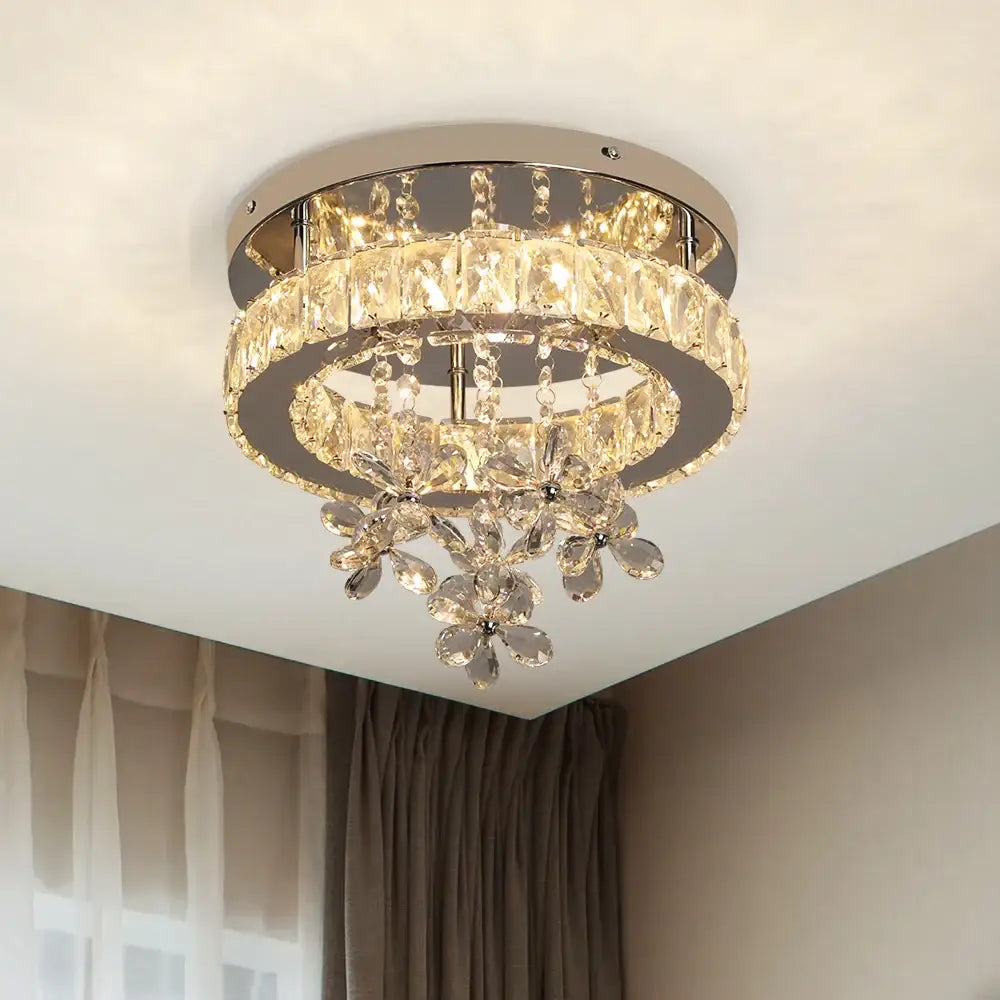 Luxury chrome crystal led ceiling chandelier with faceted clear crystals and floral patterns for living room decorbites crystal led