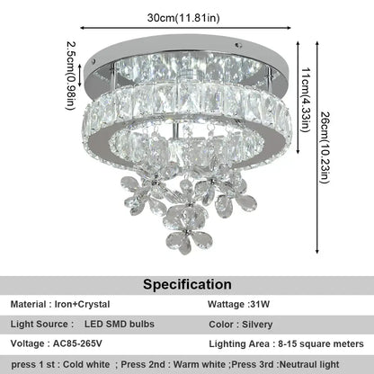 Luxury chrome crystal led ceiling chandelier with three tiers of faceted crystals and flower-shaped accents by decorbites