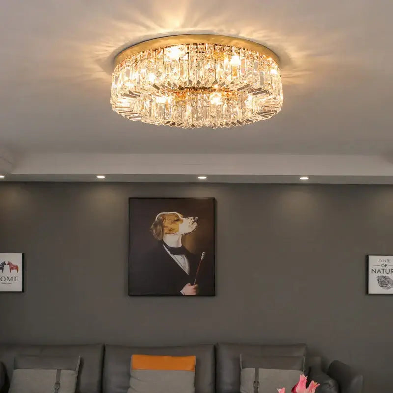 Luxury chrome decorbites crystal led ceiling lights featuring clear faceted crystals on a gold-toned frame for living room decor