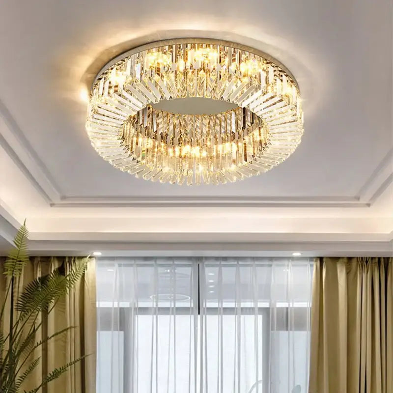 Luxury chrome decorbites crystal led ceiling lights with gold-toned frame and faceted crystals for living room decor