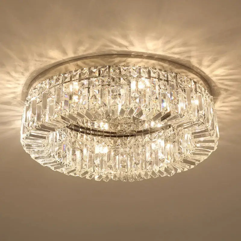 Luxury chrome crystal led ceiling lights featuring a two-tiered circular design with faceted clear crystals for living room decor
