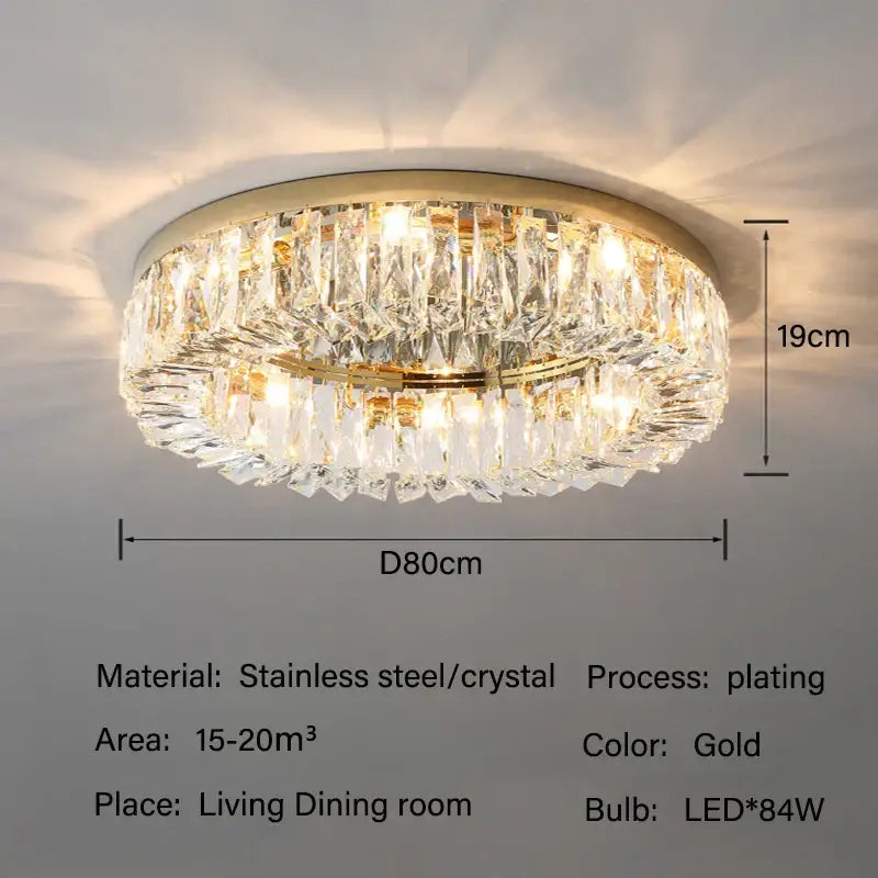 Gold-plated circular decorbites crystal led ceiling light with multi-tier faceted prisms for living room decor