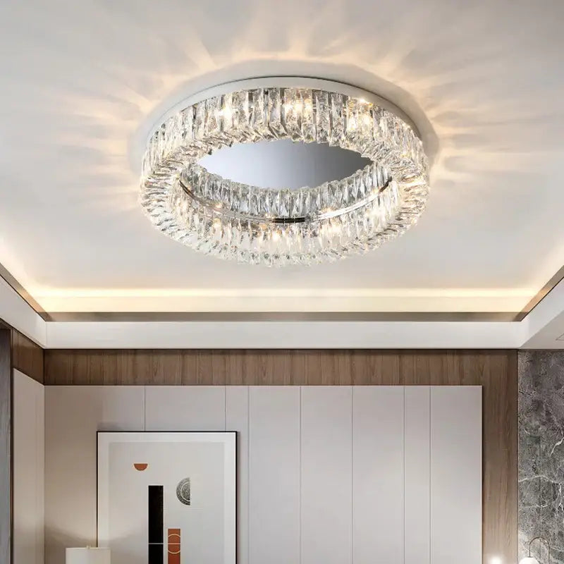 Luxury chrome crystal led ceiling lights featuring two concentric rings of faceted crystals for elegant living room decorbites ceiling lights