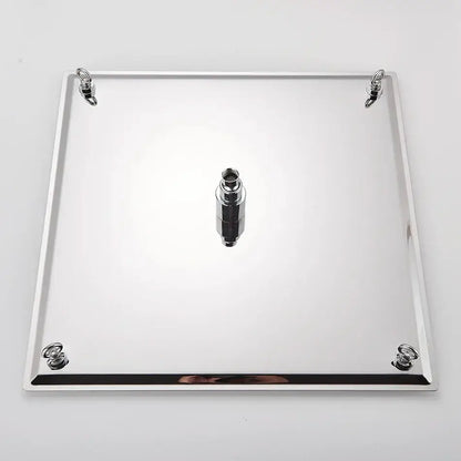 Luxury chrome square shower head in shiny chrome with four corner hooks and central cylindrical stainless steel attachment