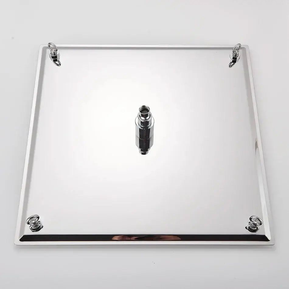 Luxury chrome square shower head in shiny chrome with four corner hooks and central cylindrical stainless steel attachment