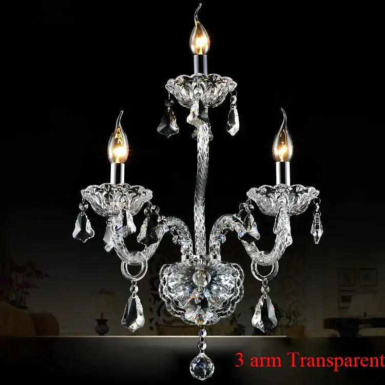 Luxury clear crystal wall lamp with three arms featuring intricate cut crystal details for elegant bedroom decorbites clear crystal