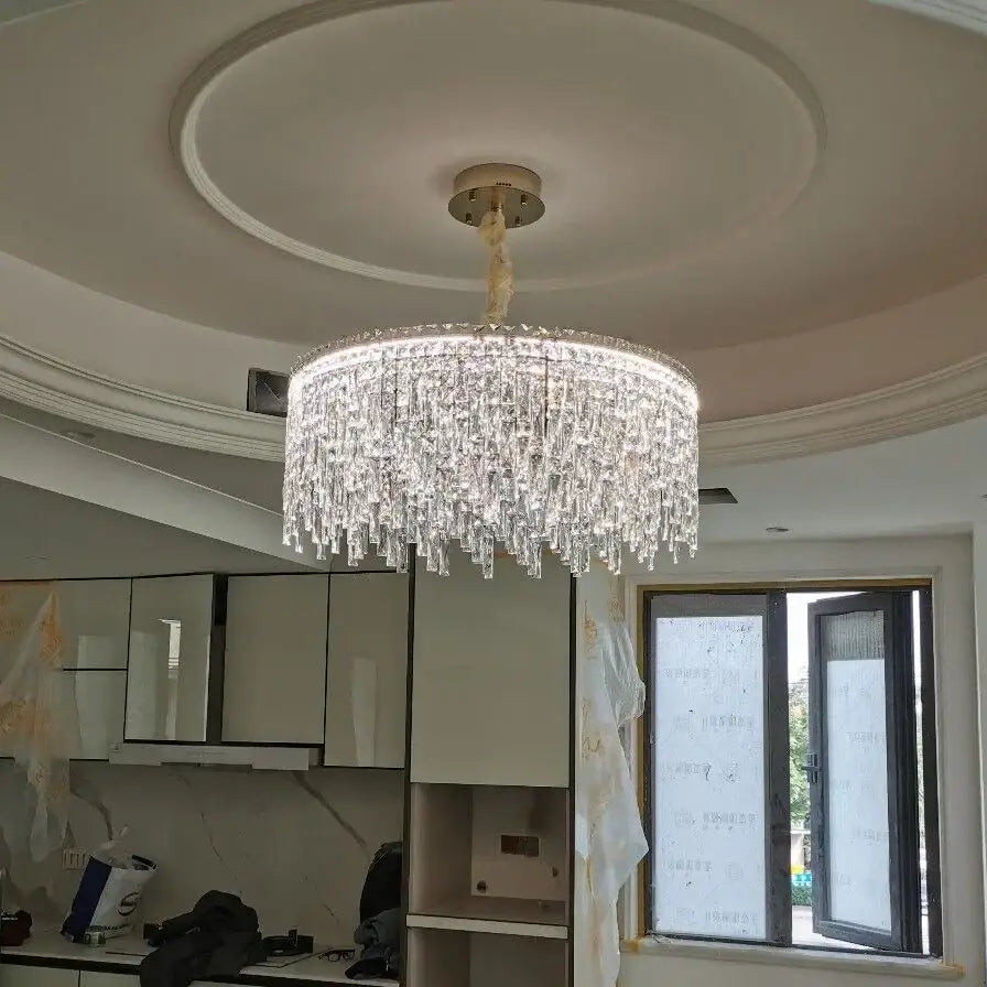 Luxury clear and purple crystal decorbites chrome chandelier with cascading droplets and gold ceiling mount for dining room