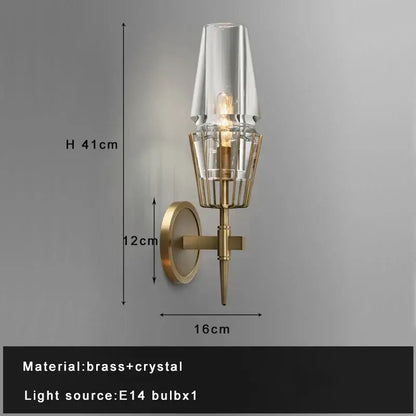 A modern brass and crystal wall sconce with a tall tapered glass shade for luxury copper glass chandelier lighting fixture decorbites