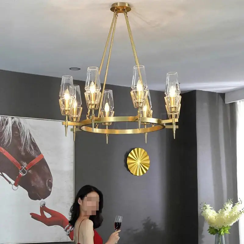 Luxury decorbites copper glass chandelier with gold-toned geometric design and clear glass shades for dining room lighting fixture
