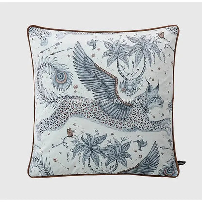 Square coral lynx velvet cushion cover with winged lynx design in blue-gray for luxury living room decorbites coral lynx