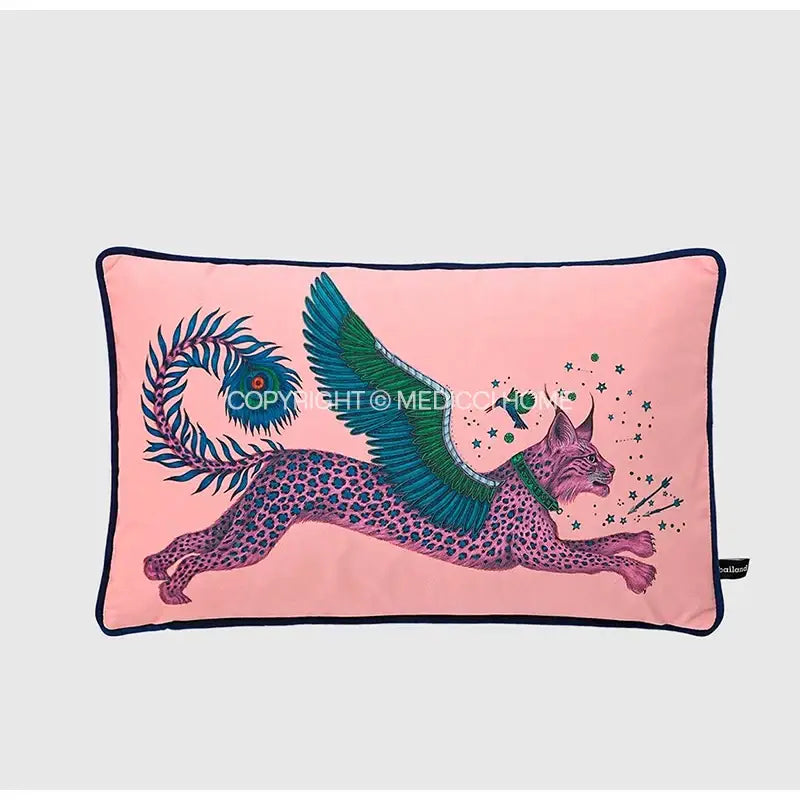 Pink luxury coral lynx velvet cushion cover with winged lynx design in teal and navy blue border for living room decor