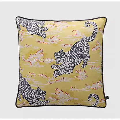 Yellow lynx velvet cushion cover featuring bold black and white striped tigers on textured background for coral lynx decorbites