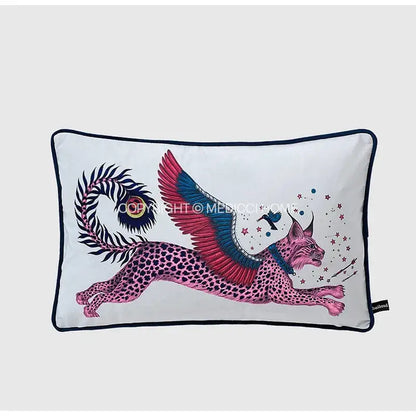 White rectangular luxury coral lynx velvet cushion cover with embroidered pink winged lynx for living room decorbites coral lynx