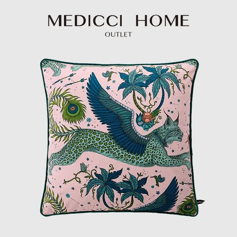 Luxury coral lynx velvet cushion cover in pink and teal featuring a detailed winged leopard with tropical accents