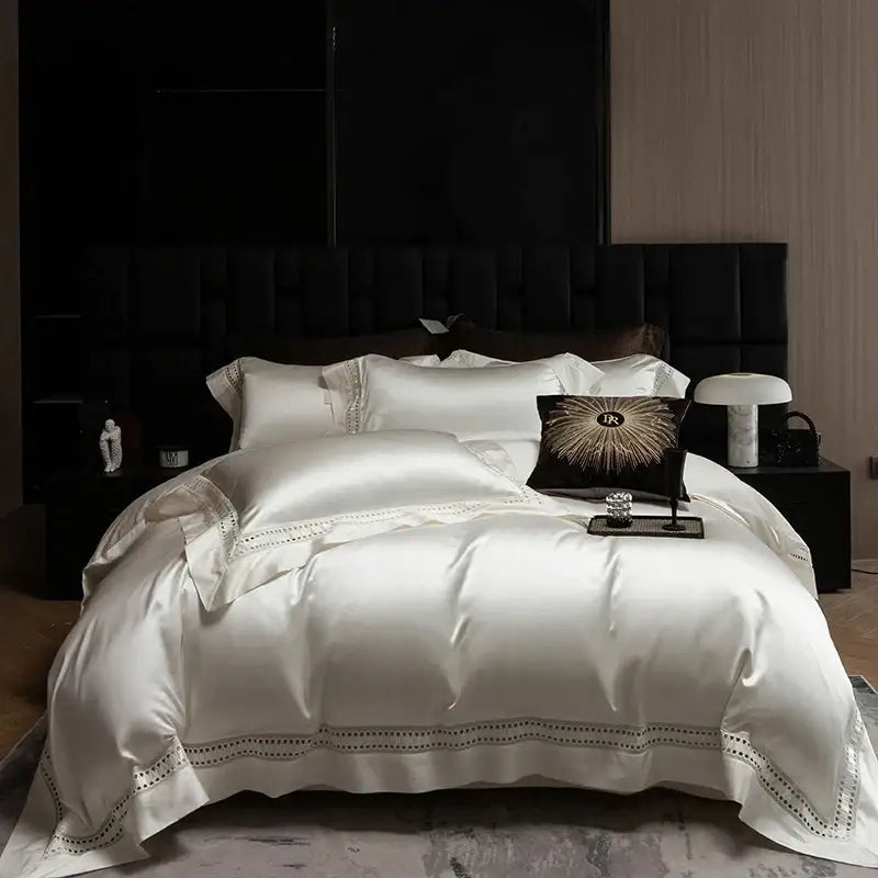 Elegant ivory satin bedding set with black beaded trim and pillowcases in luxury cream 1000tc Egyptian cotton