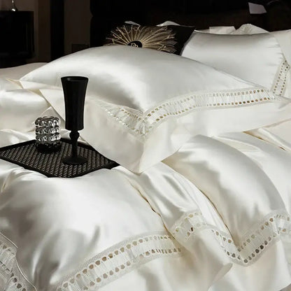 White satin pillowcases with delicate lace trim from luxury cream decorbites 1000tc egyptian cotton bedding set