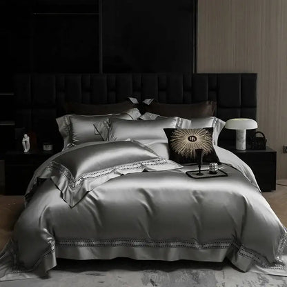 Luxury cream bedding set in 1000tc egyptian cotton with silver satin and black embroidered trim decorbites 1000tc egyptian