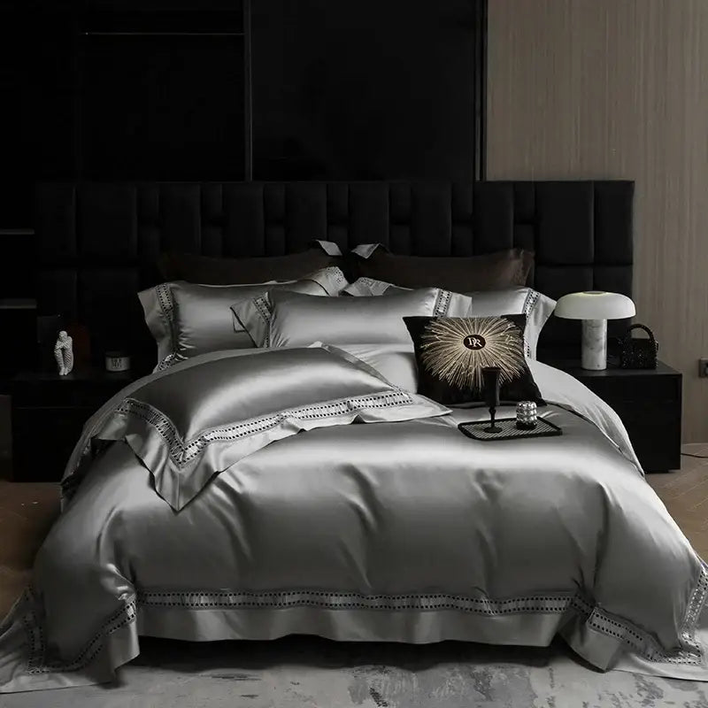 Luxury cream bedding set in 1000tc egyptian cotton with silver satin and black embroidered trim decorbites 1000tc egyptian