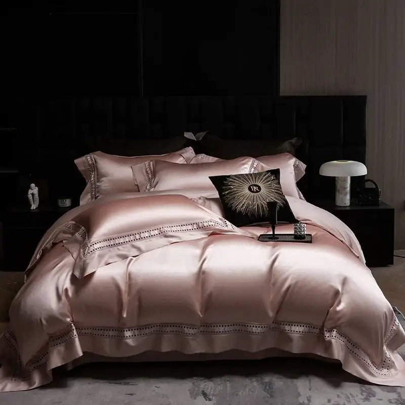 Luxury cream blush pink satin bedding set with black beaded trim and pillow sham made from decorbites 1000tc egyptian cotton