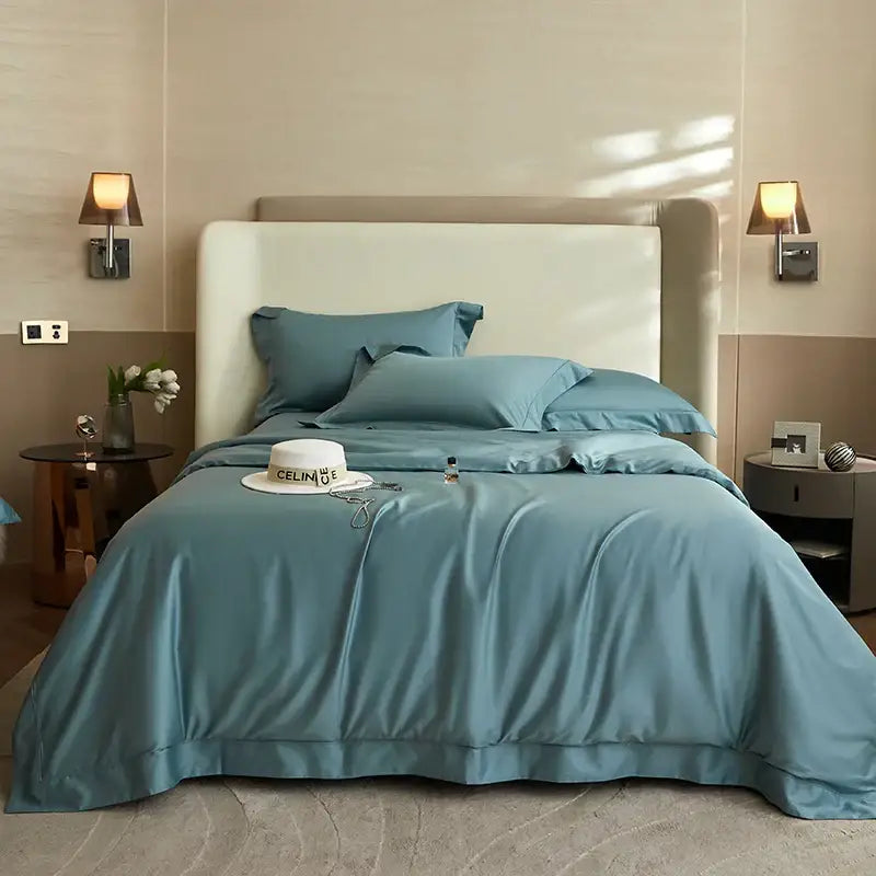 Luxury cream 1400tc pima cotton bedding set in soft teal satin with matching pillow sham and coordinating pillows decorbites 1400tc pima