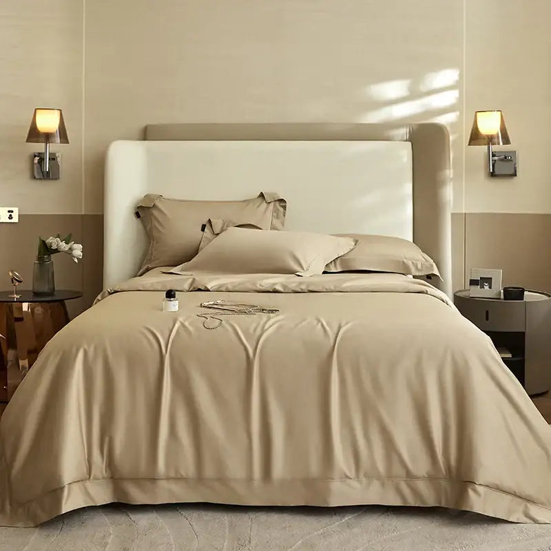 Beige satin duvet cover set with matching pillowcases in luxury cream decorbites 1400tc pima cotton bedding set