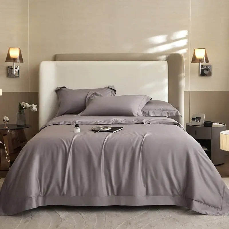 Gray satin bedding set with matching pillows and upholstered headboard luxury cream decorbites 1400tc pima cotton