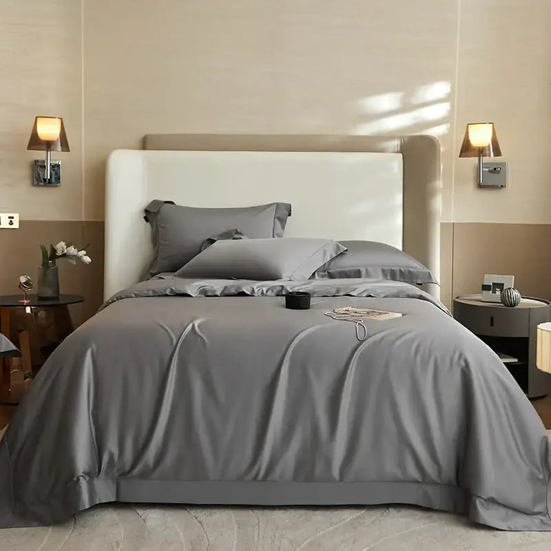 Gray satin duvet cover bedding set with matching pillows on modern bed decorbites 1400tc pima cotton luxury design