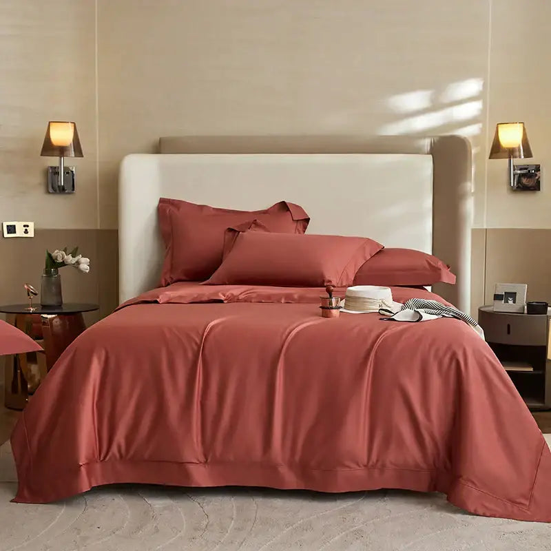 Coral-colored satin bedding set with smooth luxurious finish in decorbites 1400tc pima cotton for elegant bedroom decor