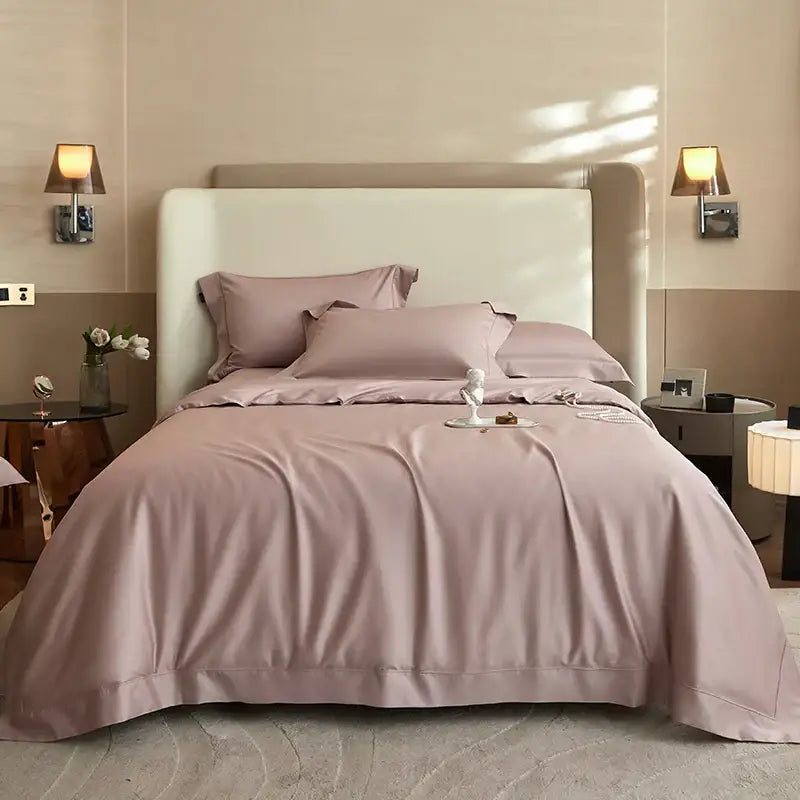A plush mauve satin duvet cover set with elegant piping in decorbites 1400tc pima cotton bedding set