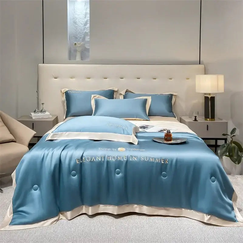 Luxury cream and black ice silk embroidered quilt set with light blue satin duvet cover and cream piping decorbites ice silk